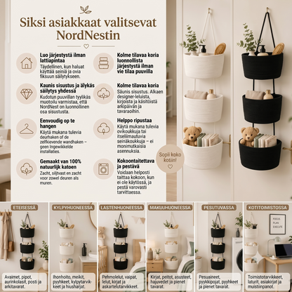 NordNest kolmiluokkainen riippuva puuvillainen säilytyskori