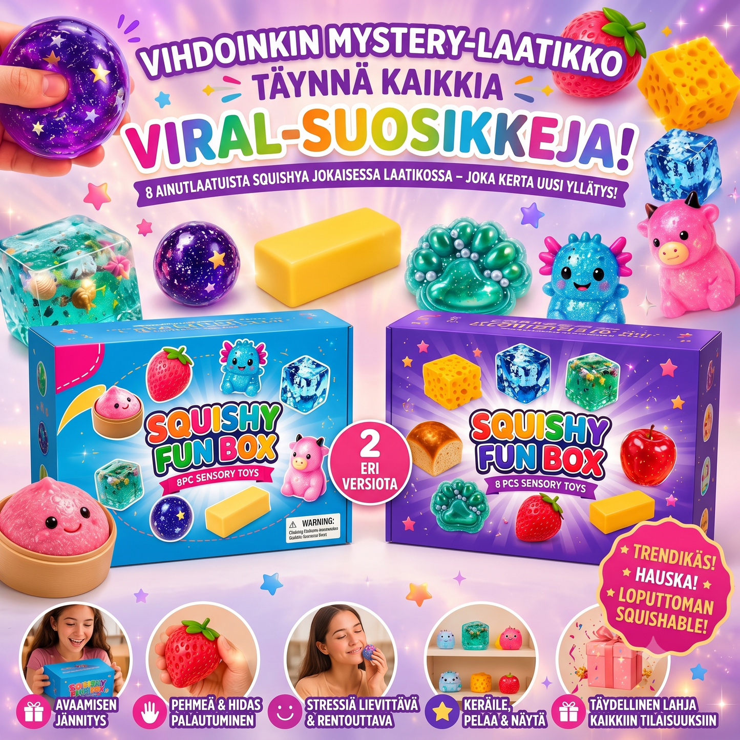 Squishy Fun Box -yllätyslaatikko (sisältää 8 squishy-lelua)