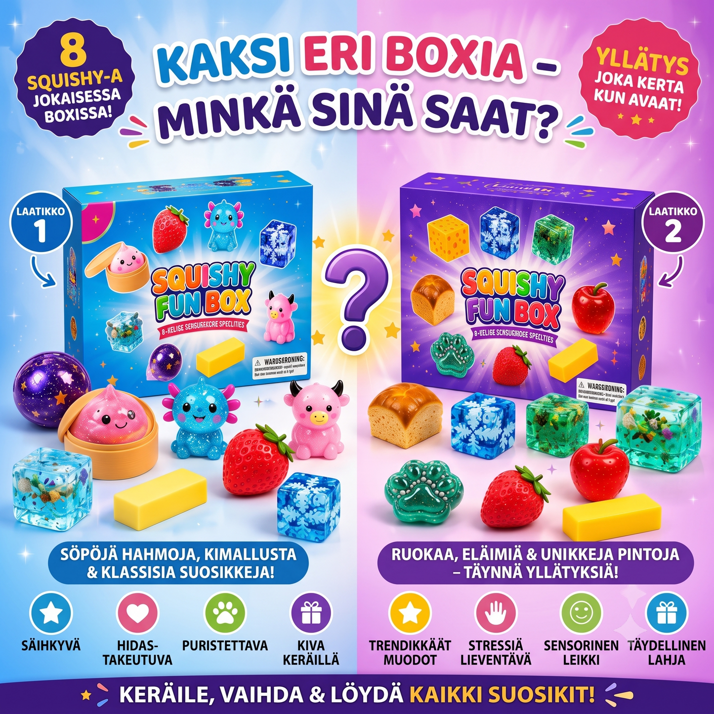 Squishy Fun Box -yllätyslaatikko (sisältää 8 squishy-lelua)