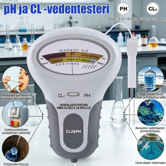 Digitaalinen uima-allastesteri pH:n ja kloorin mittaukseen