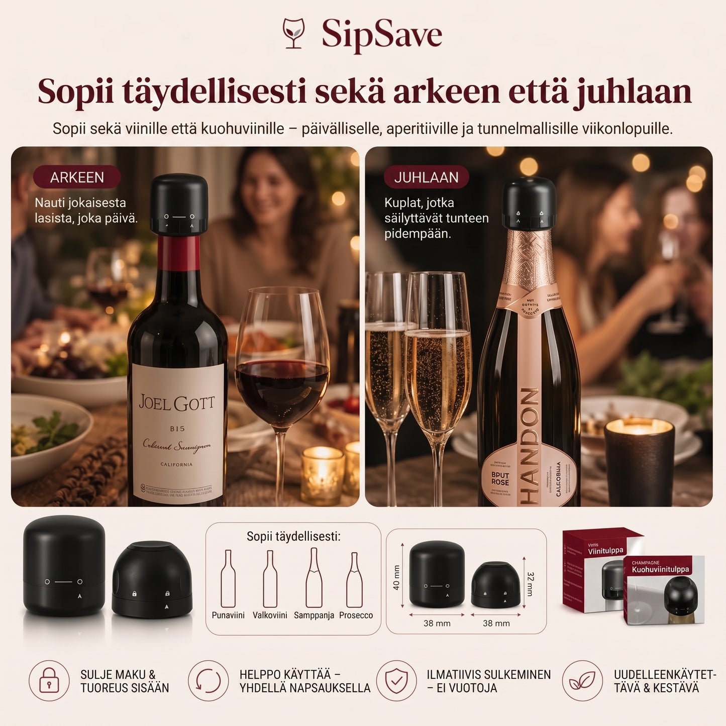 Pullojen sulkimet viinille ja samppanjalle 4 kpl