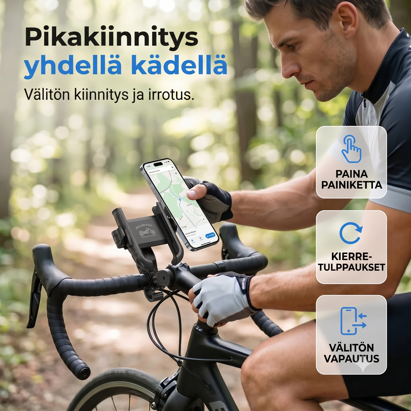 Polkupyörän puhelinteline napsautuskiinnityksellä ja turvalukituksella