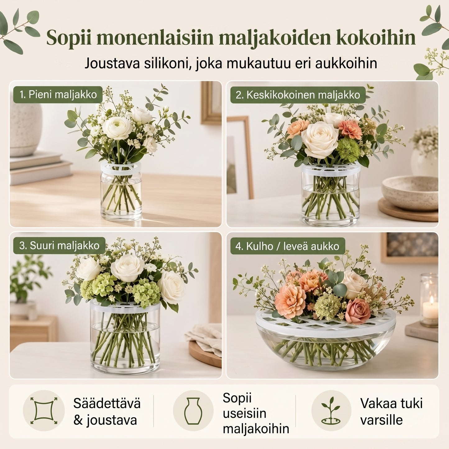 BlomFix-venyvät silikoniset kukkapidikkeet, 4 kpl setti