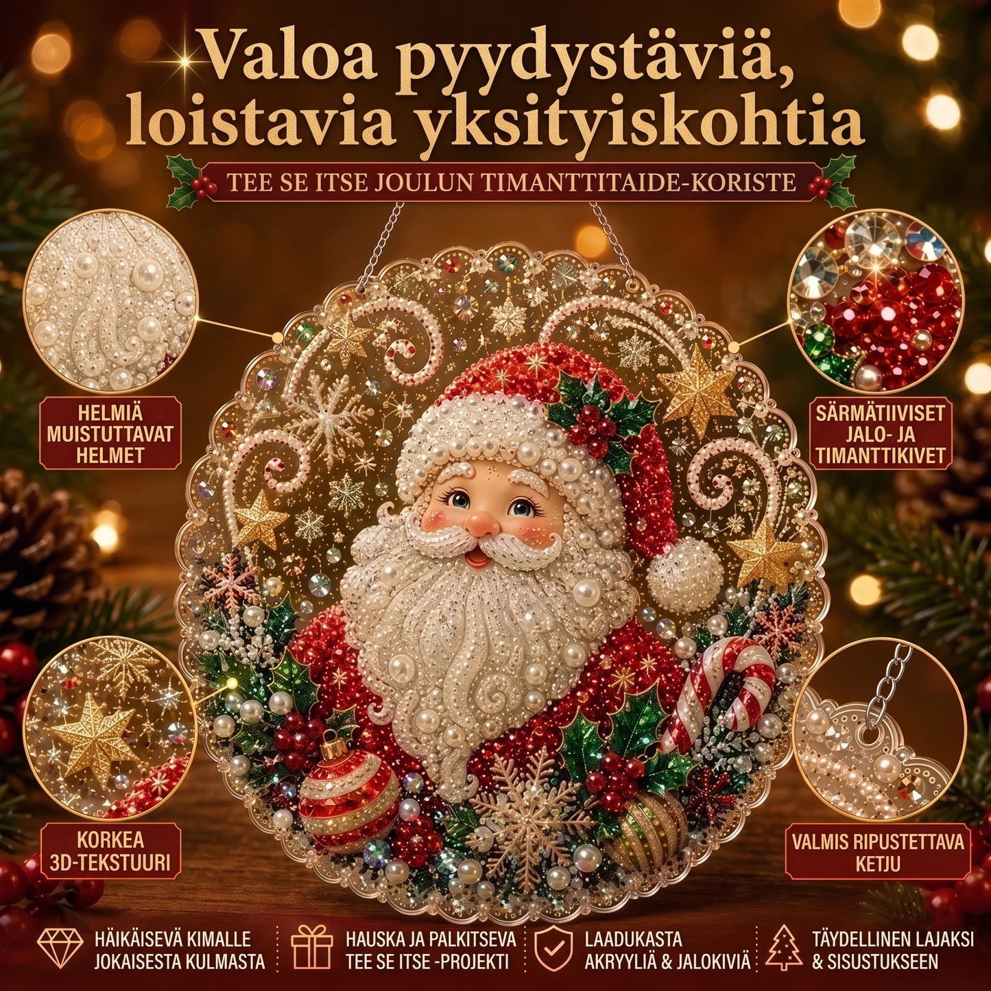 DIY-timanttitaidejoulukoristeet helmillä