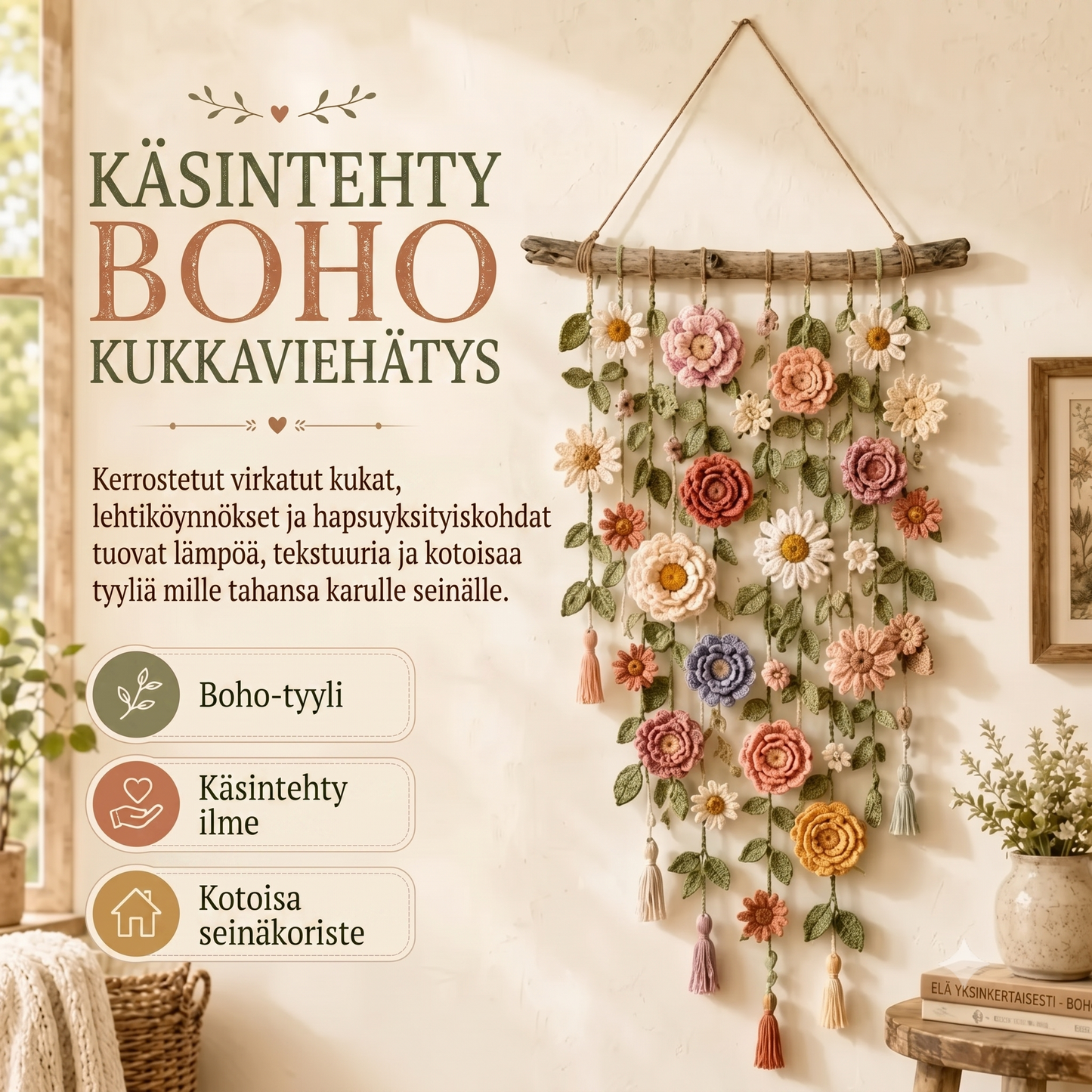 Virkatuilla kukilla koristeltu seinäkoriste