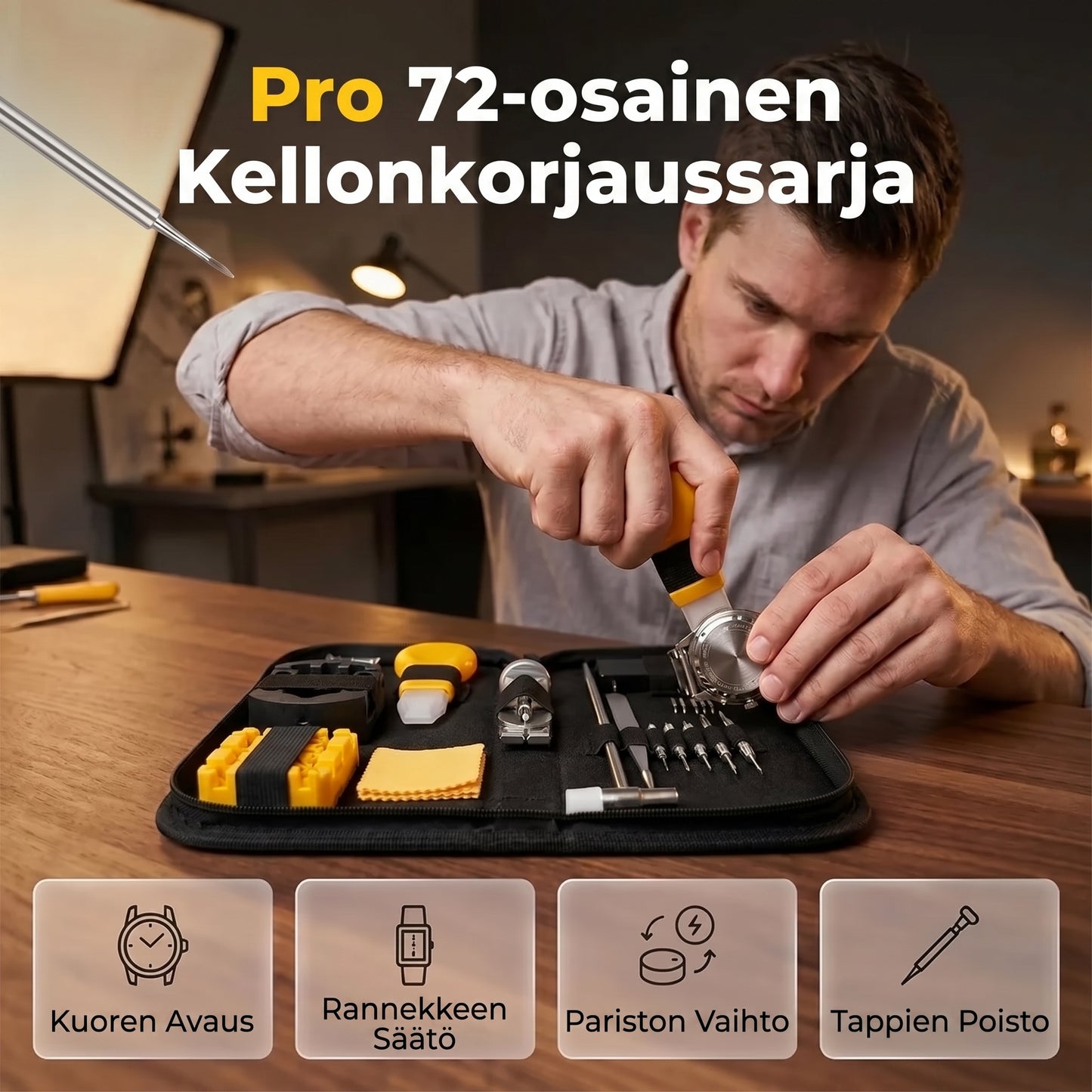 Kellonkorjaussarja rannekkeen ja pariston vaihtamiseen