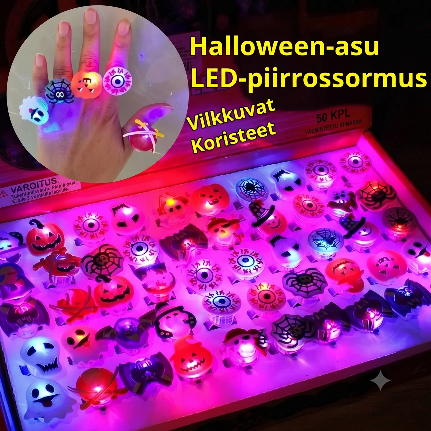 50 kappaleen sarja Halloween-LED-sormuksia