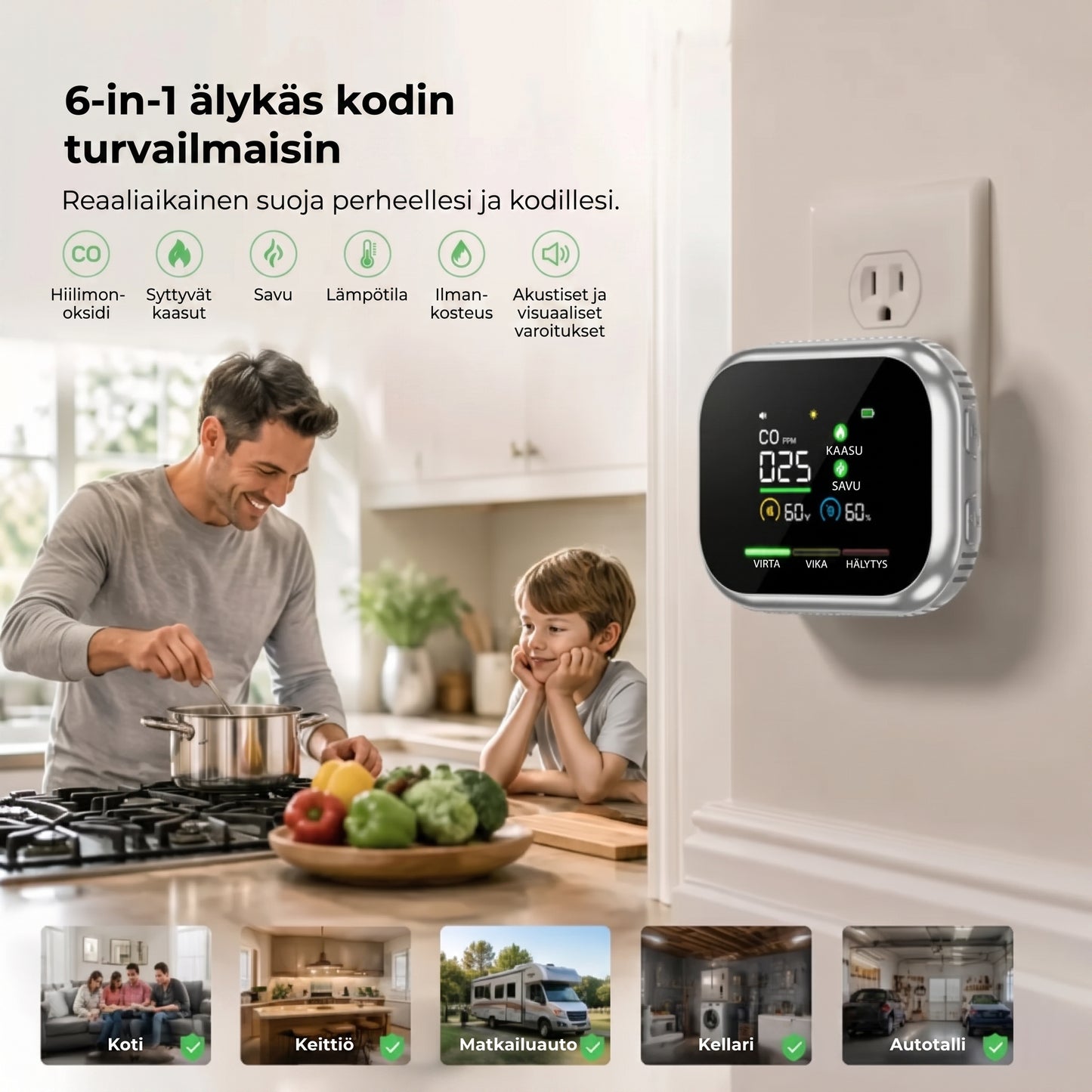 6-in-1 älykäs turvailmaisin CO-kaasulle ja savulle