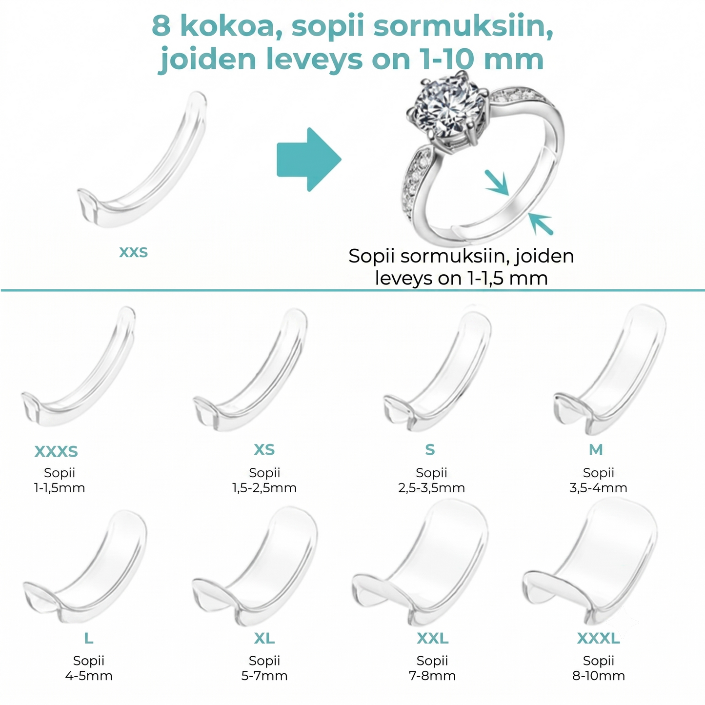 Näkymättömät sormuksen koon säätimet, 8 kpl setti