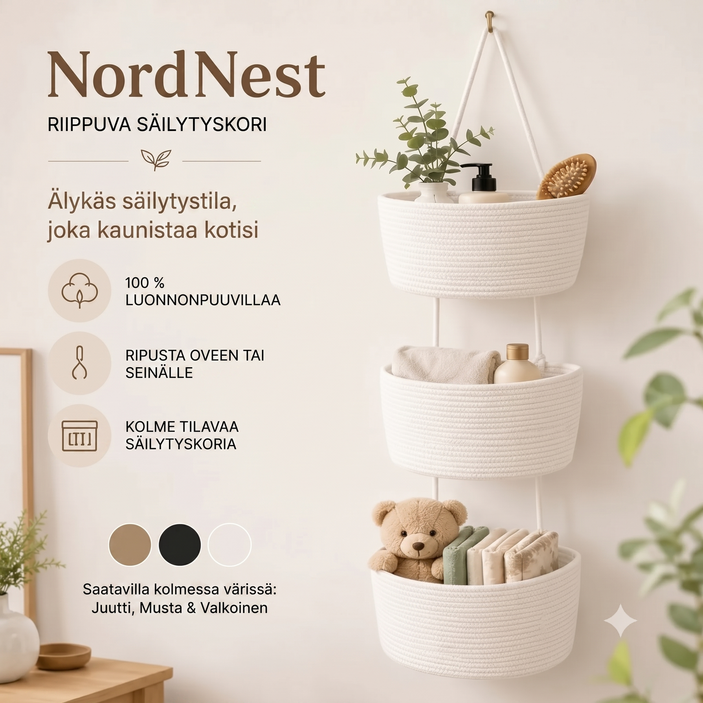 NordNest kolmiluokkainen riippuva puuvillainen säilytyskori