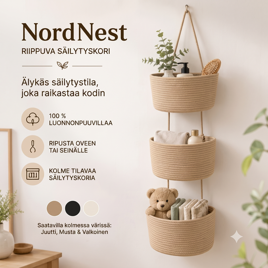 NordNest kolmiluokkainen riippuva puuvillainen säilytyskori