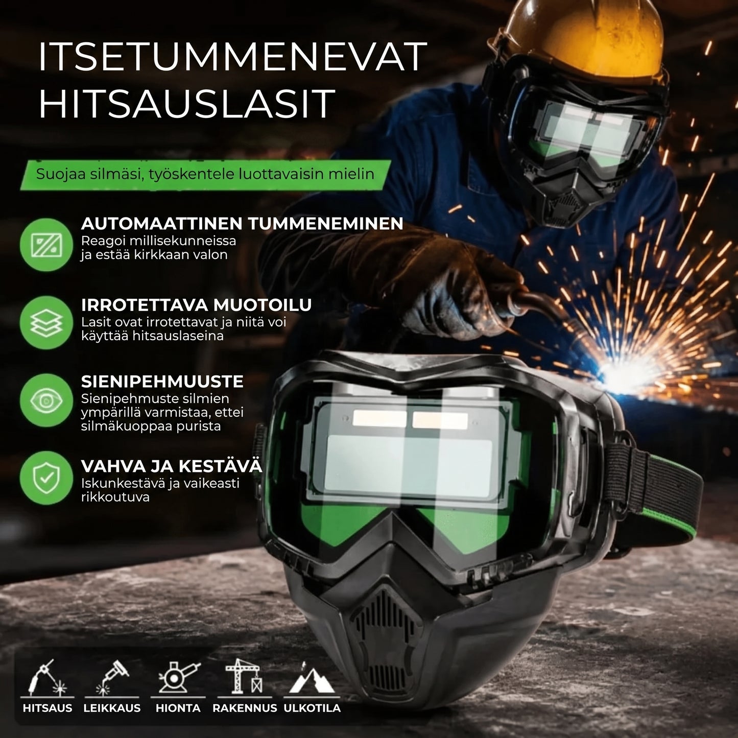 Hitsauskypärä automaattisella tummennuksella ja hiilisuodattimella