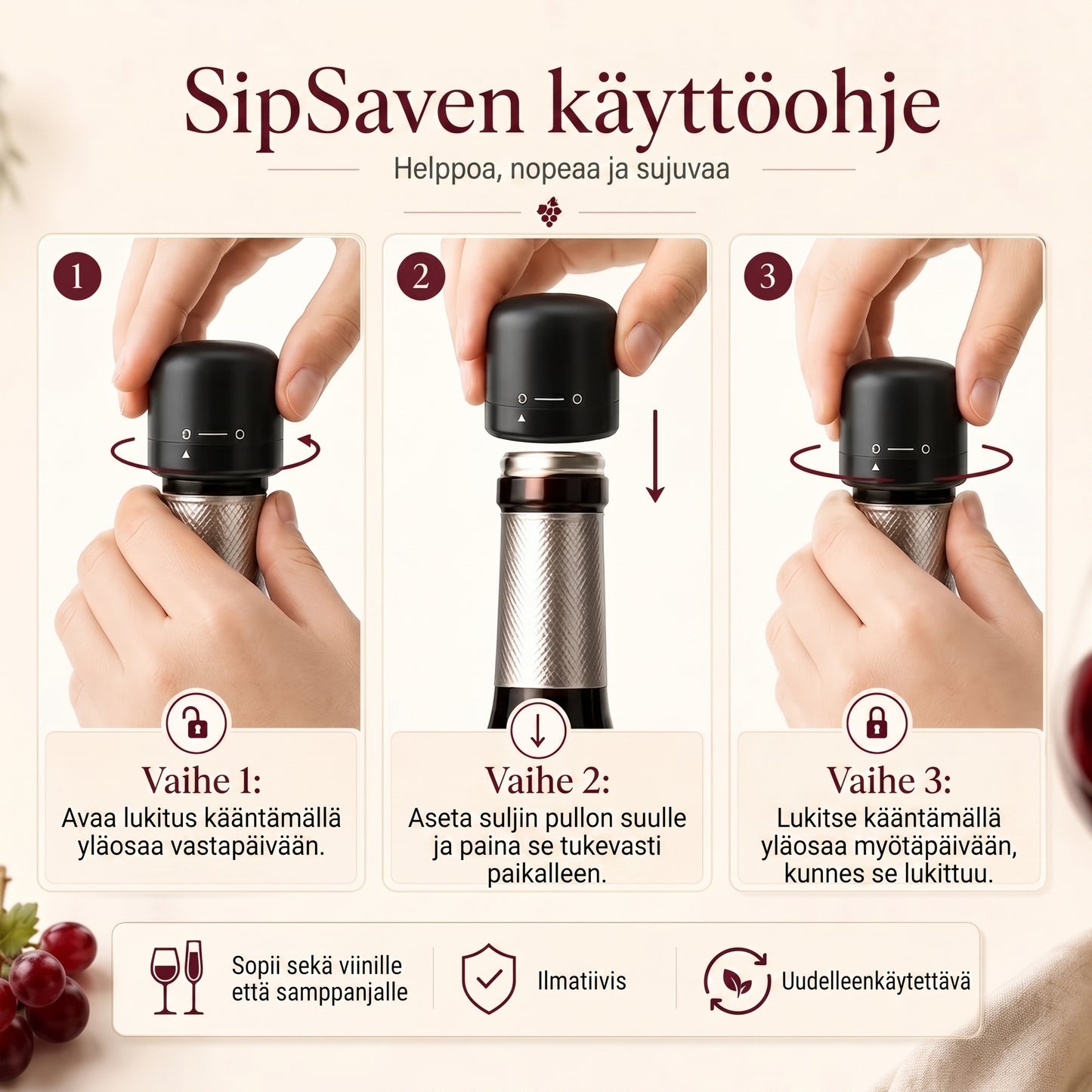 Pullojen sulkimet viinille ja samppanjalle 4 kpl