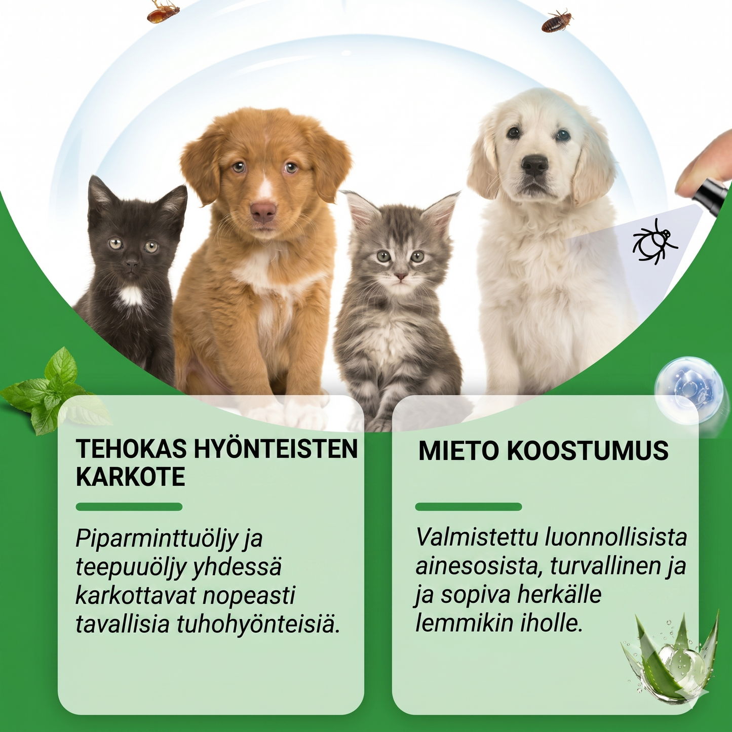 Luonnollinen kirppu- ja punkkisuihke koirille ja kissoille