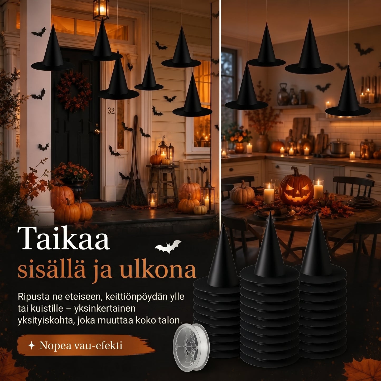 Leijuvat noidanhatut Halloween-koristeluun