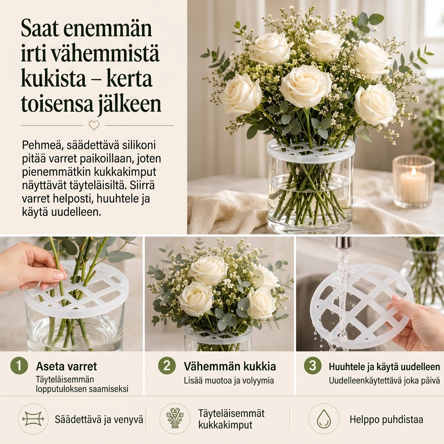 BlomFix-venyvät silikoniset kukkapidikkeet, 4 kpl setti
