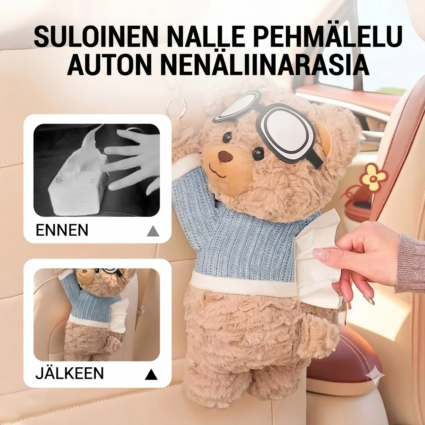 Pehmoinen karhu-nenäliinapidike autoon