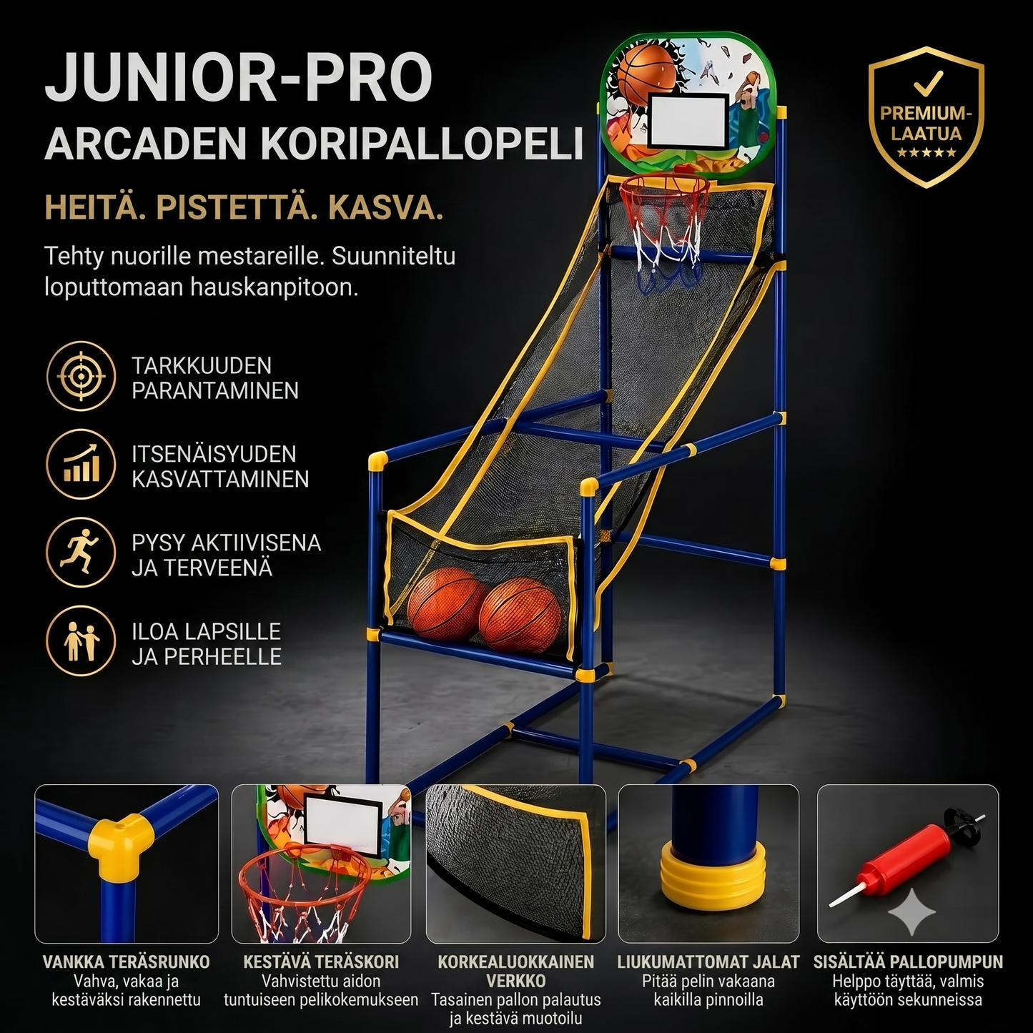 Sisäkoripallosetti neljällä pallolla ja automaattisella pallonpalautuksella