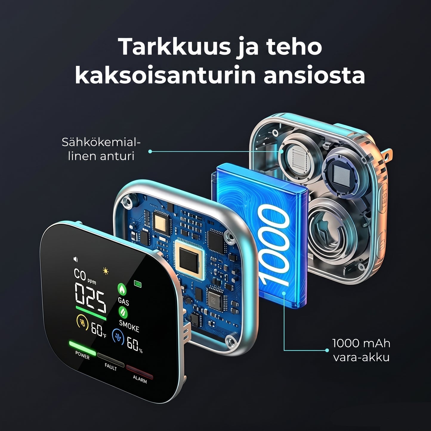 6-in-1 älykäs turvailmaisin CO-kaasulle ja savulle