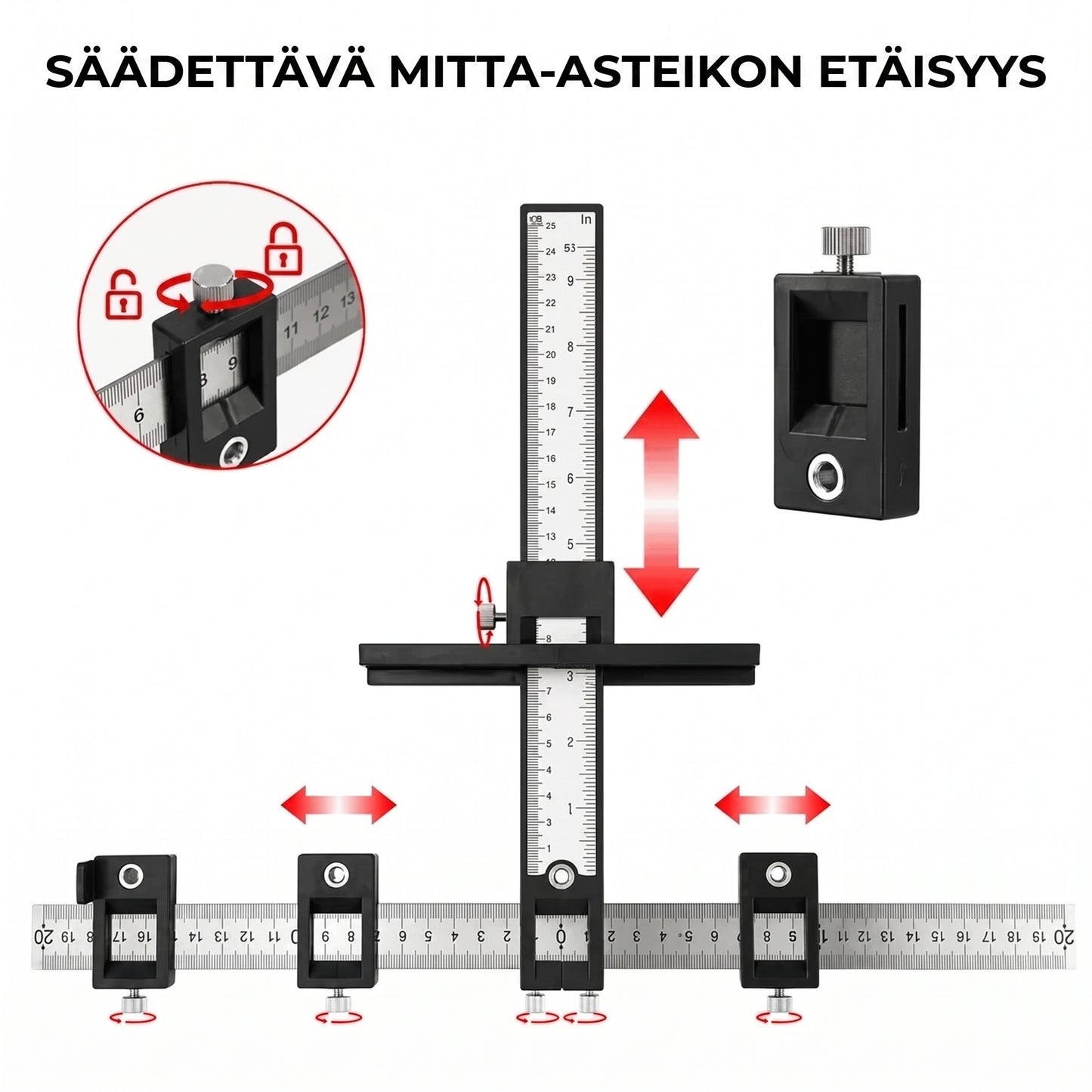 Säädettävä porausohjain mittaviivaimella tarkkaan poraukseen