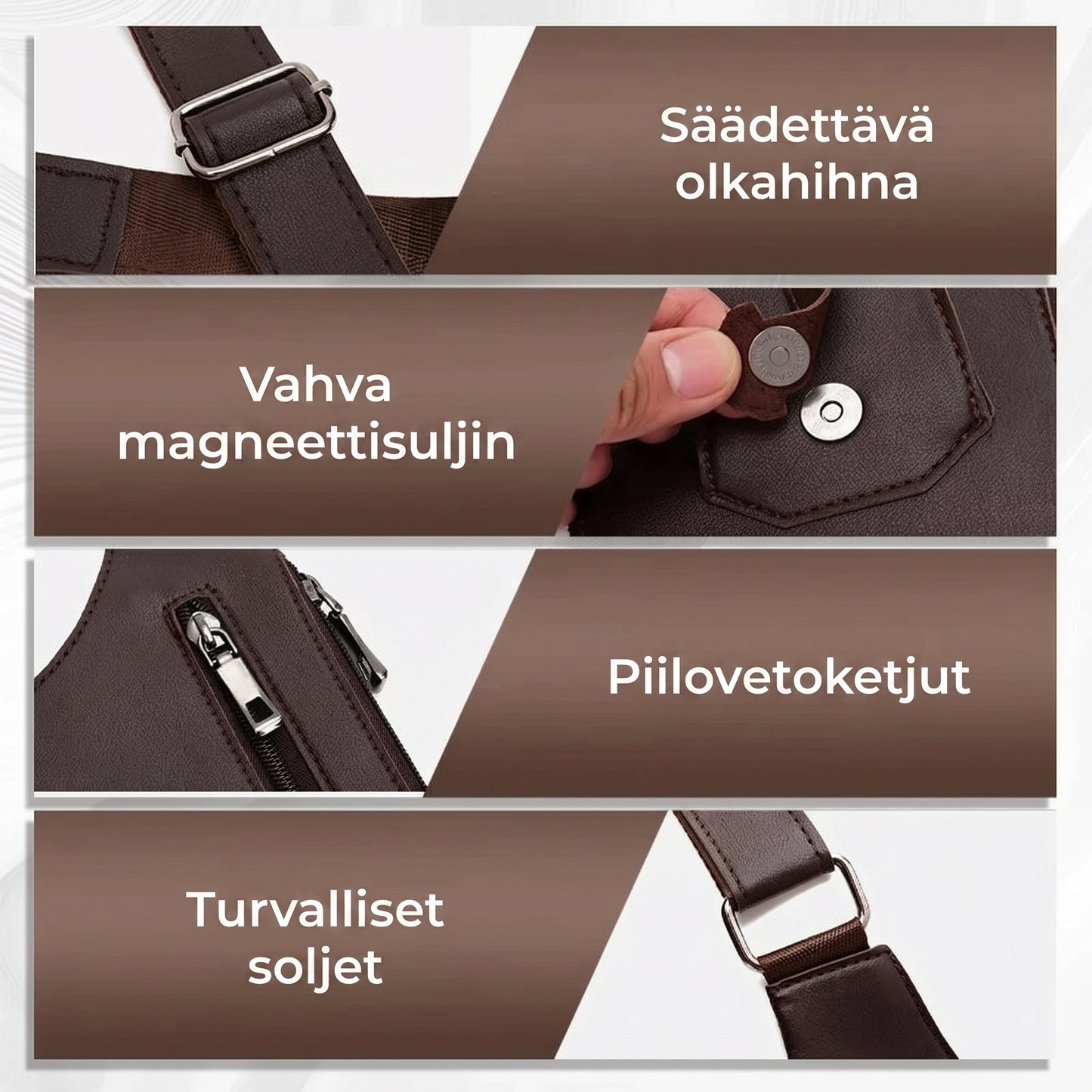 Miesten olkalaukku varkaudenestomuotoilulla