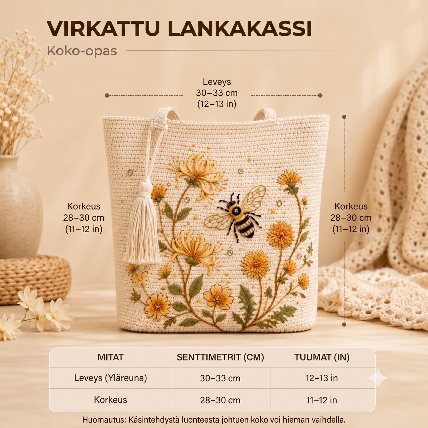 BeeBelle™ virkattu kangaskassi mehiläisillä ja kukilla