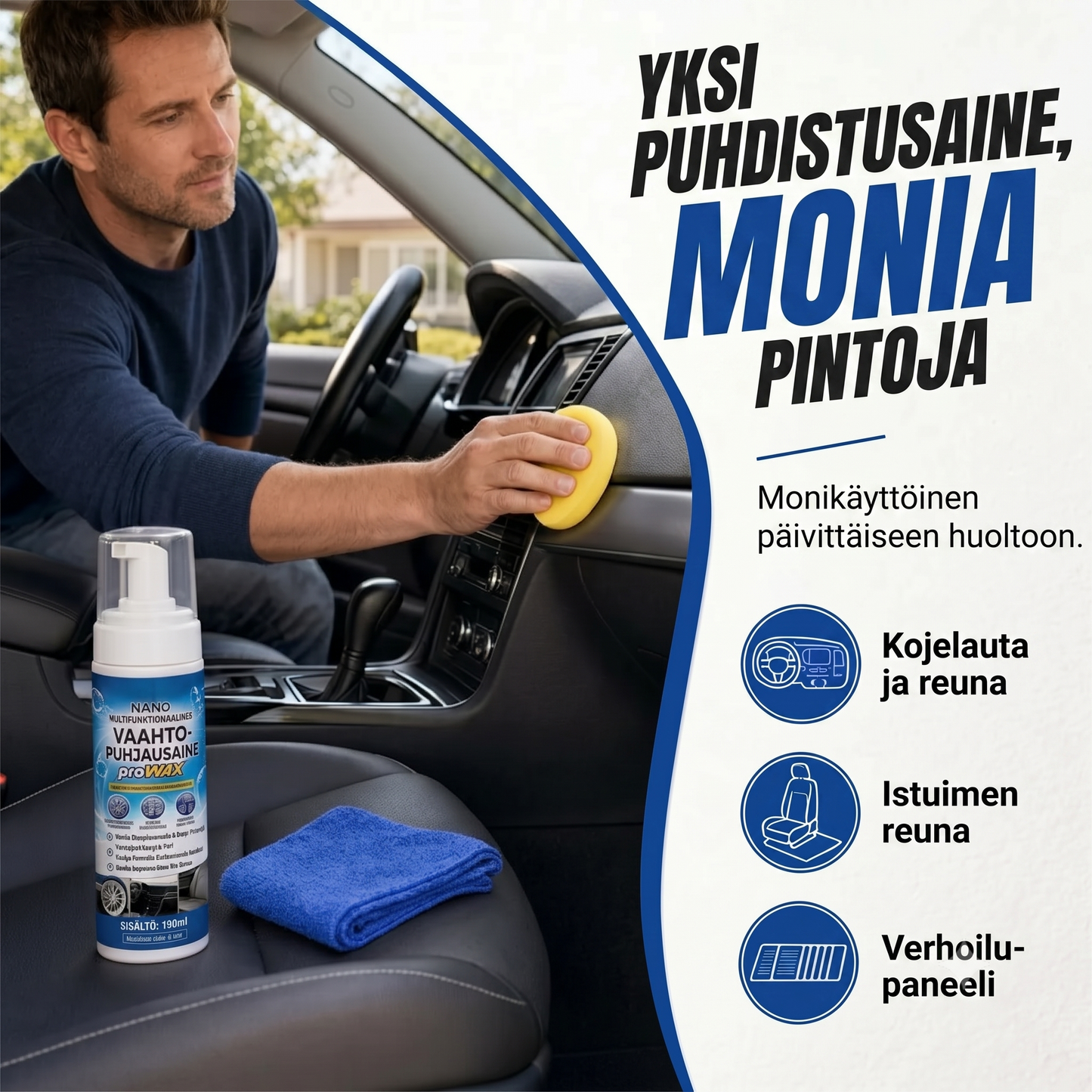 Vaahdotettu puhdistusaine kojelaudalle, nahalle ja vinyylille