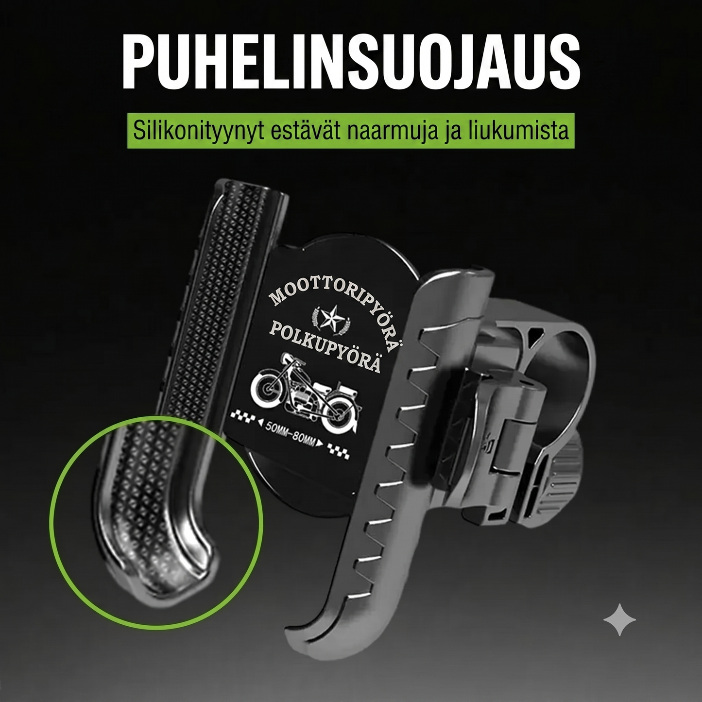 Polkupyörän puhelinteline napsautuskiinnityksellä ja turvalukituksella