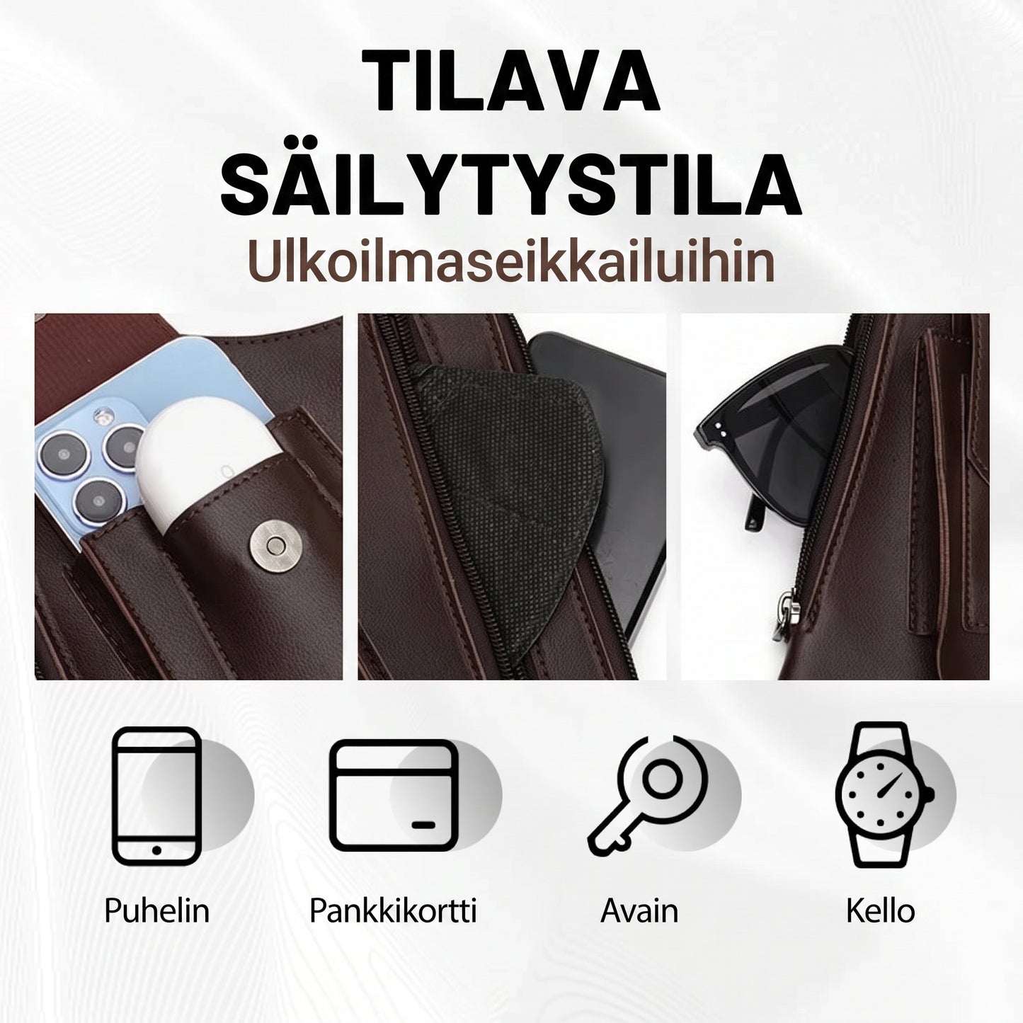 Miesten olkalaukku varkaudenestomuotoilulla