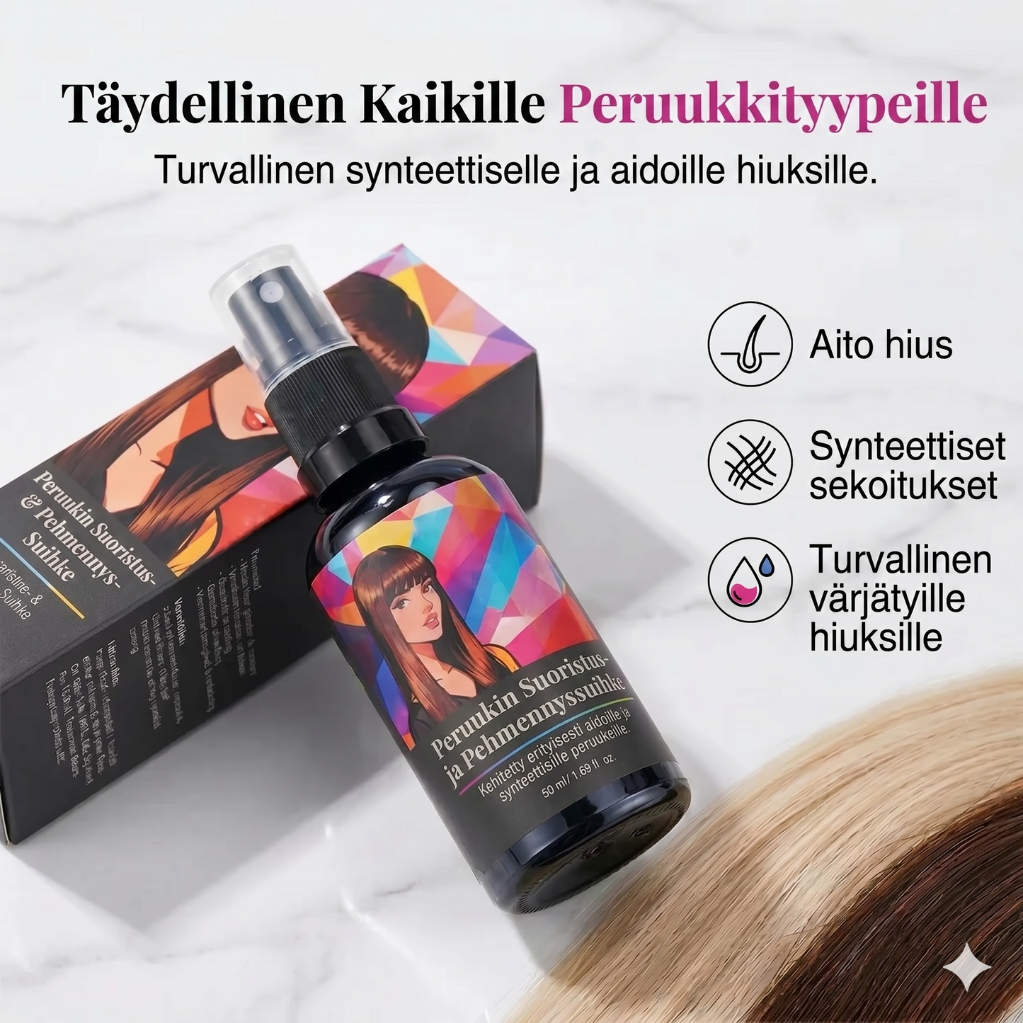 Hiuslakka peruukkien suoristamiseen ja silottamiseen