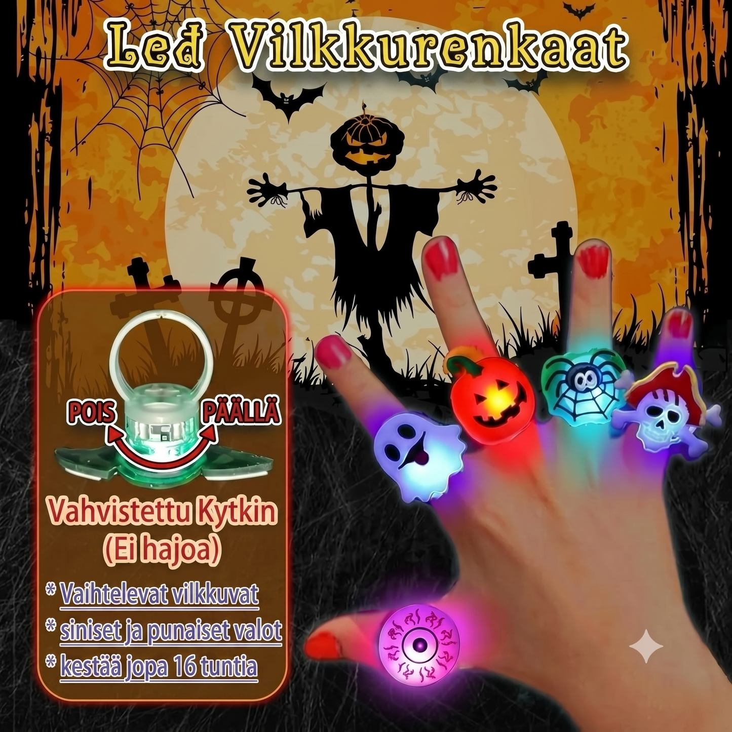 50 kappaleen sarja Halloween-LED-sormuksia