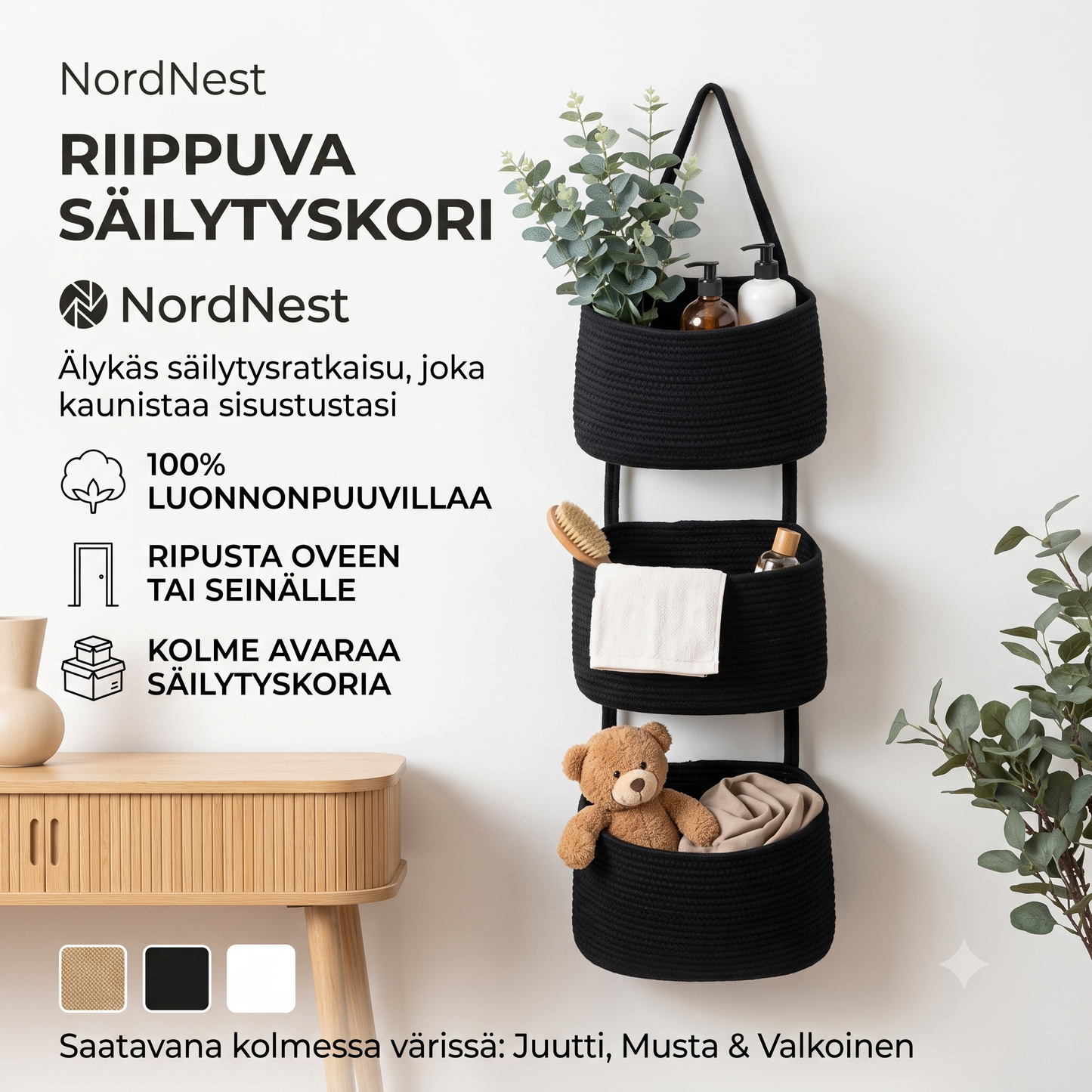 NordNest kolmiluokkainen riippuva puuvillainen säilytyskori