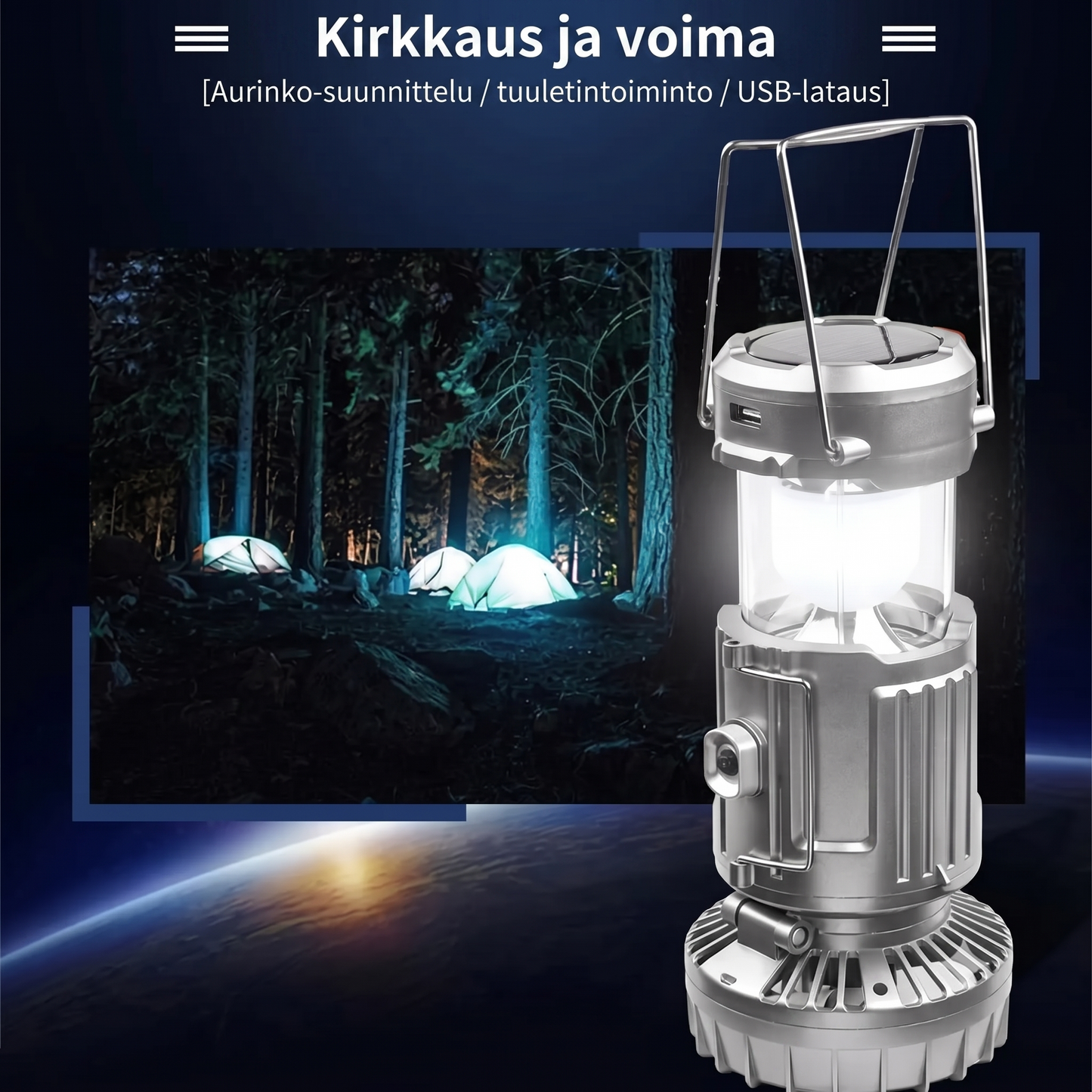 Aurinkokäyttöinen retkeilylamppu tuulettimella ja varavirtalähteellä