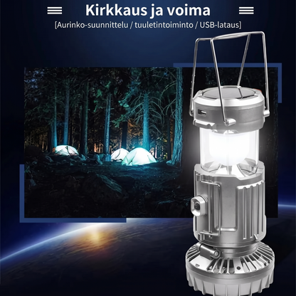 Aurinkokäyttöinen retkeilylamppu tuulettimella ja varavirtalähteellä