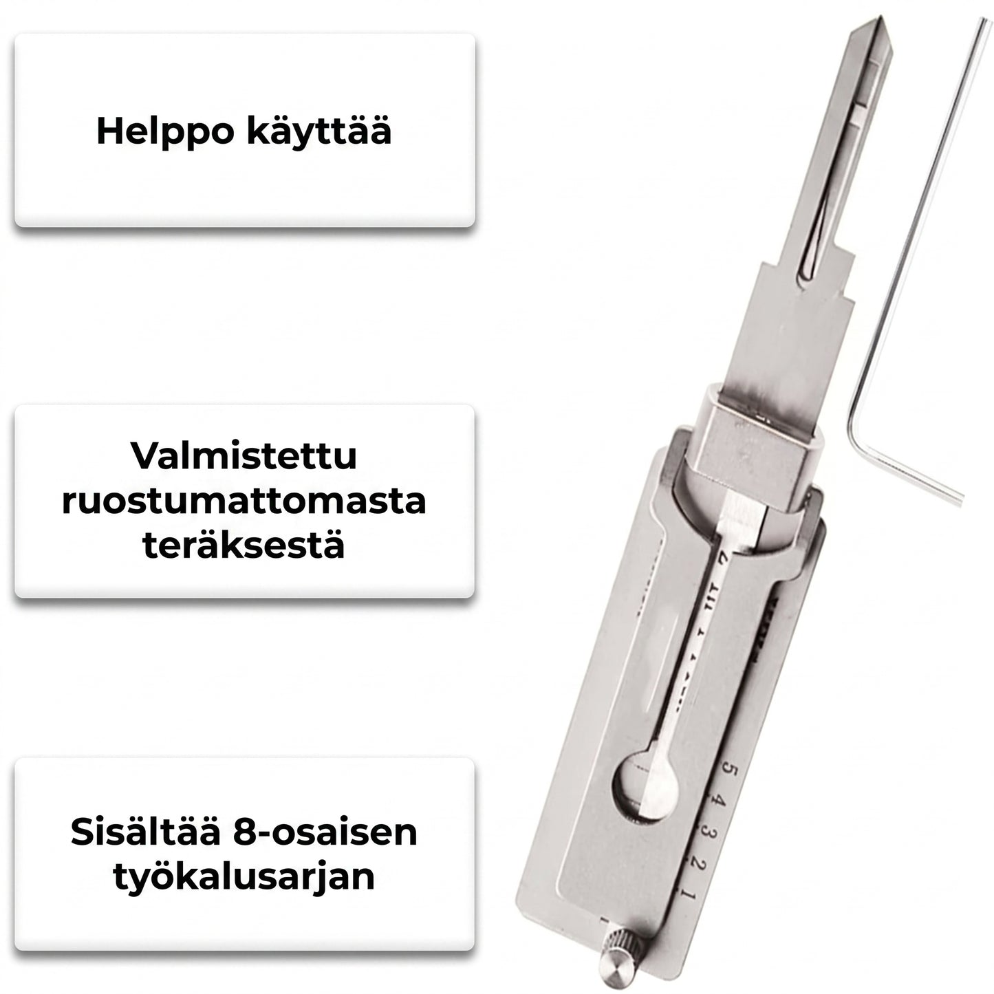 Ruostumattomasta teräksestä valmistettu tiirikka ja avainkoodin lukija