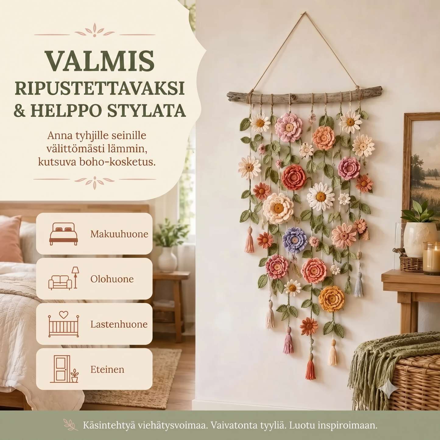Virkatuilla kukilla koristeltu seinäkoriste
