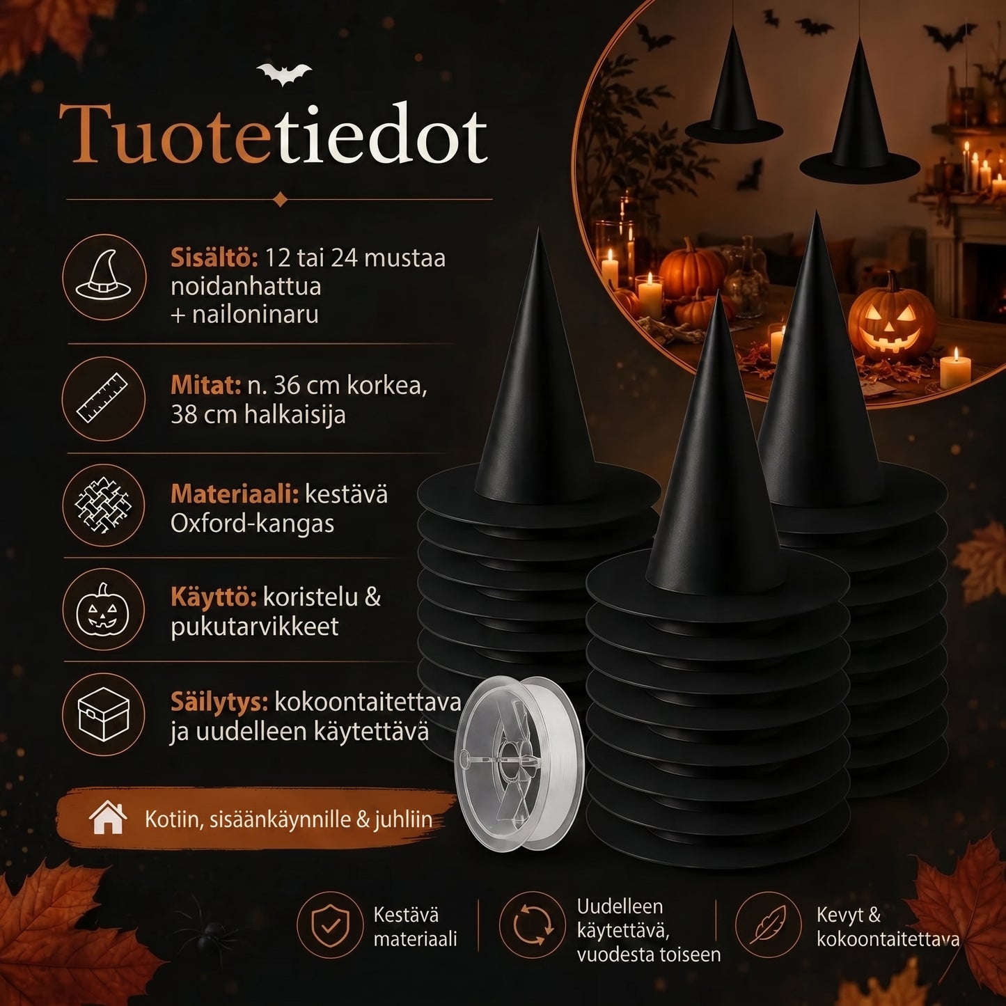 Leijuvat noidanhatut Halloween-koristeluun